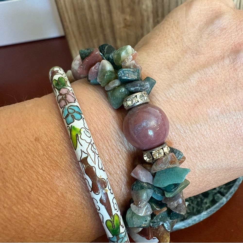 Bracelet Set (2) Multicolor Gemstone Beaded and Cloisonné Enamel Bangle